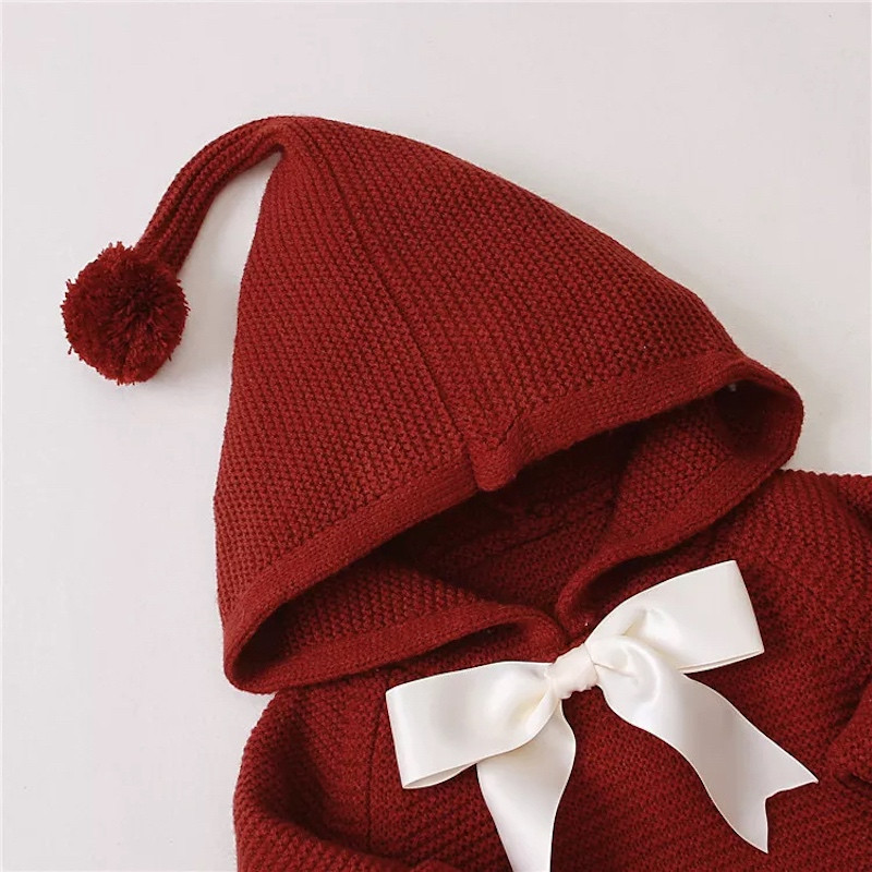 Winter 3M-24M Long Sleeve Knitted Fringed Hem Hooded Baby Sweater RED